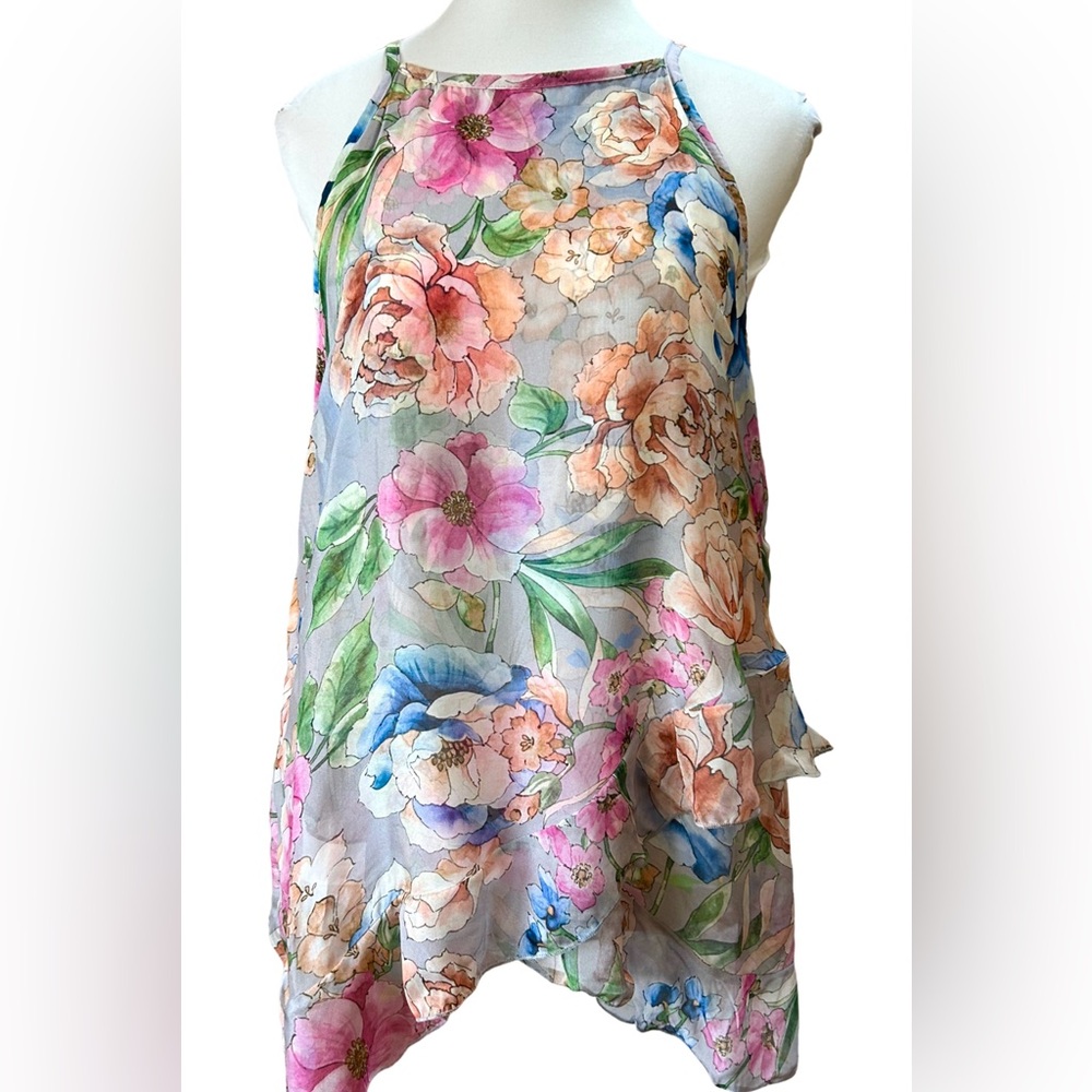 LARA G Silk Blend Floral Tank Made Italy Strappy Ruffle Hem NWT Size L
